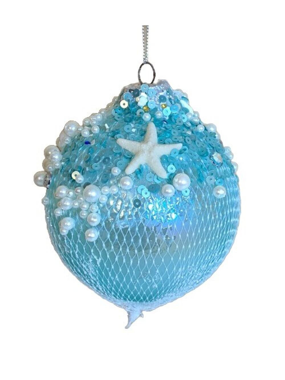 December Diamonds 79-81266 Blue Bead Sequin Net 4" Glass Christmas Ornament